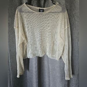 Riot Queen Net Mesh Sheer Long Sleeve Top Raw Hem Size M Cream